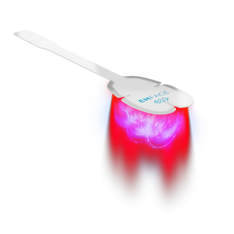 EMFACE applicator and energy graphic showing synchronized radiofrequency and facial muscle stimulation technology