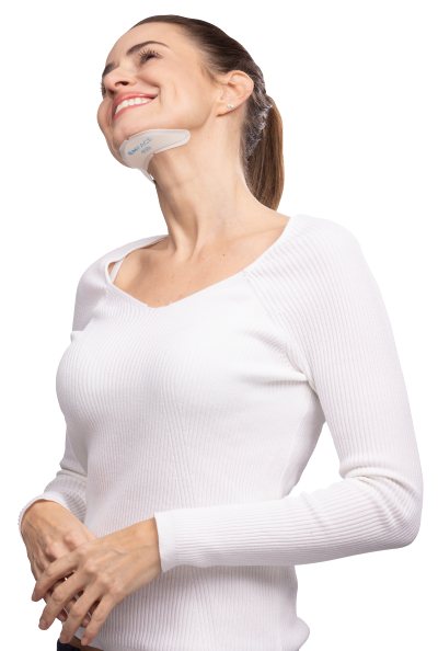 Model wearing the EMFACE Submentum applicator beneath the chin and jawline