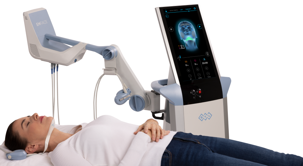EMFACE Submentum treatment applicator positioned beneath the chin and along the jawline