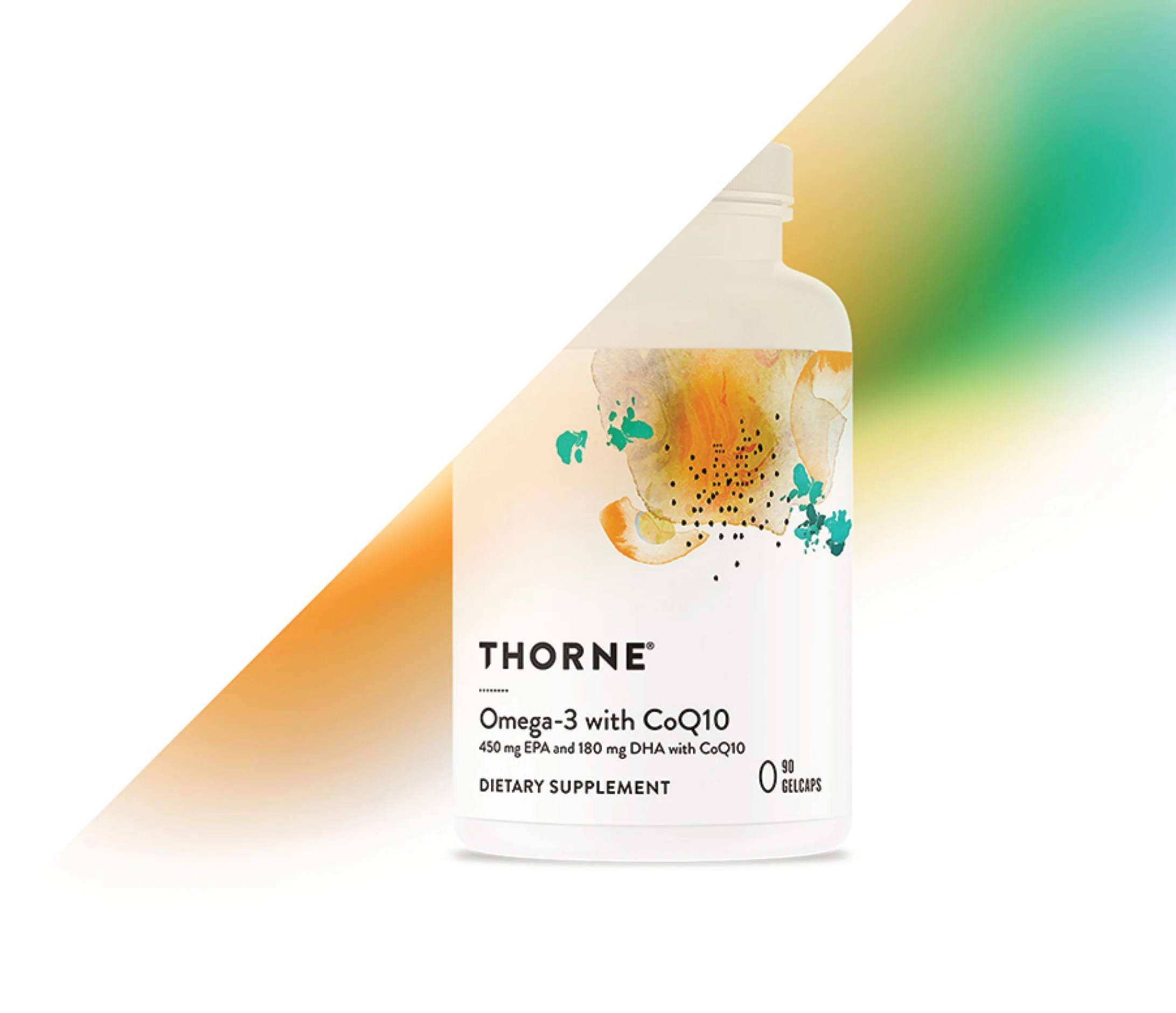 Thorne Omega-3 with CoQ10 bottle on branded product artwork